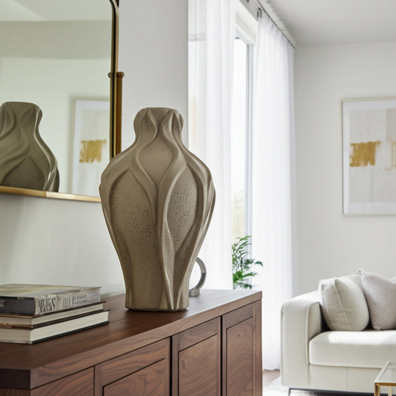 Modern Sculptural Ceramic Table Vase with Textured Form for Home Decor - Artistic Tall Flower Vase Accent for Living Room or Console Styling - Ivory & Tan