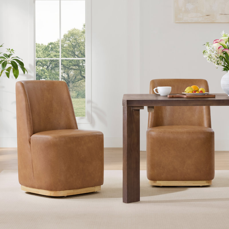 Geelt Upholstered Dining Chair with Casters, Camel Faux Leather