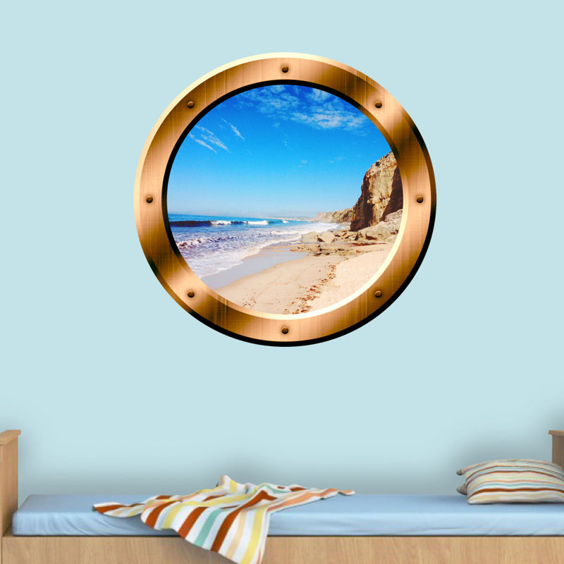 Décalcomanie murale hublot 3d ocean beach, H 14 po x l 14 po x P 0,01 po, Bronze