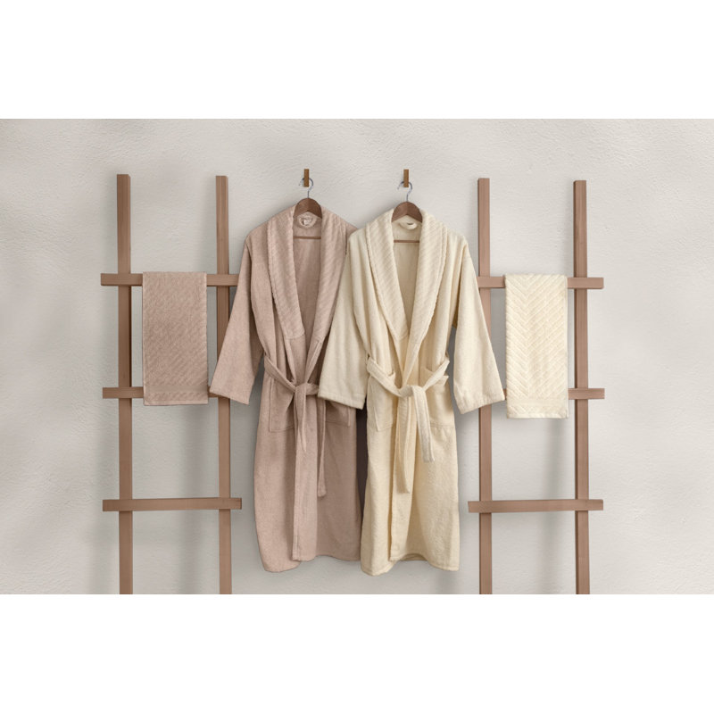 Cotton Mid-Calf Bathrobe, Powder/Cream