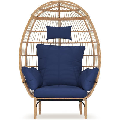Oversized Wicker Egg Chair with Cushions, Steel Frame Indoor/Outdoor Lounge Chair for Patio, Backyard & Living Room, 500 lbs Capacity