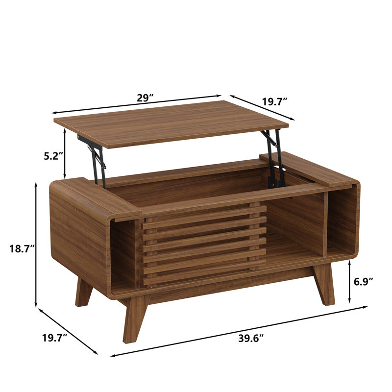 Denicka Mid-Century Modern Coffee Table with Storage,Lift Top Coffee Table with Slatted Sliding Door for Living Room,Walnut