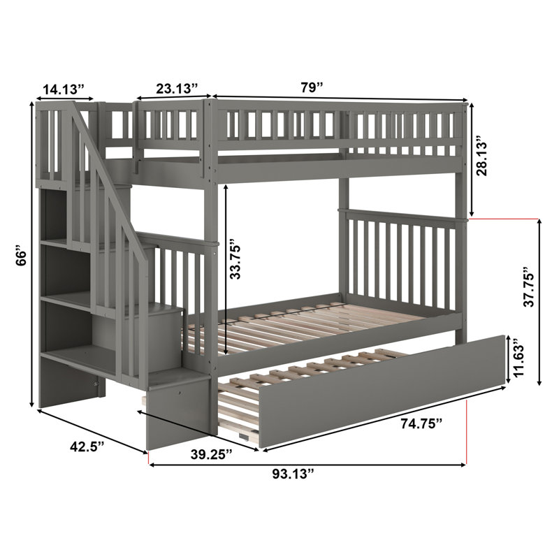 Ilariana Wood Bunk Bed with Staircase and Trundle, Gray, Twin Over Twin