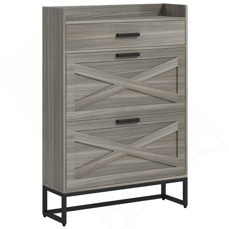 HOMCOM Narrow Shoe Cabinet, Industrial Shoe Storage Cabinet With 2 Flip Drawers, Adjustable Shelves, And Top Drawer, Entryway Hidden Shoe Storage For 12 Pairs Of Shoes, Distressed Gray