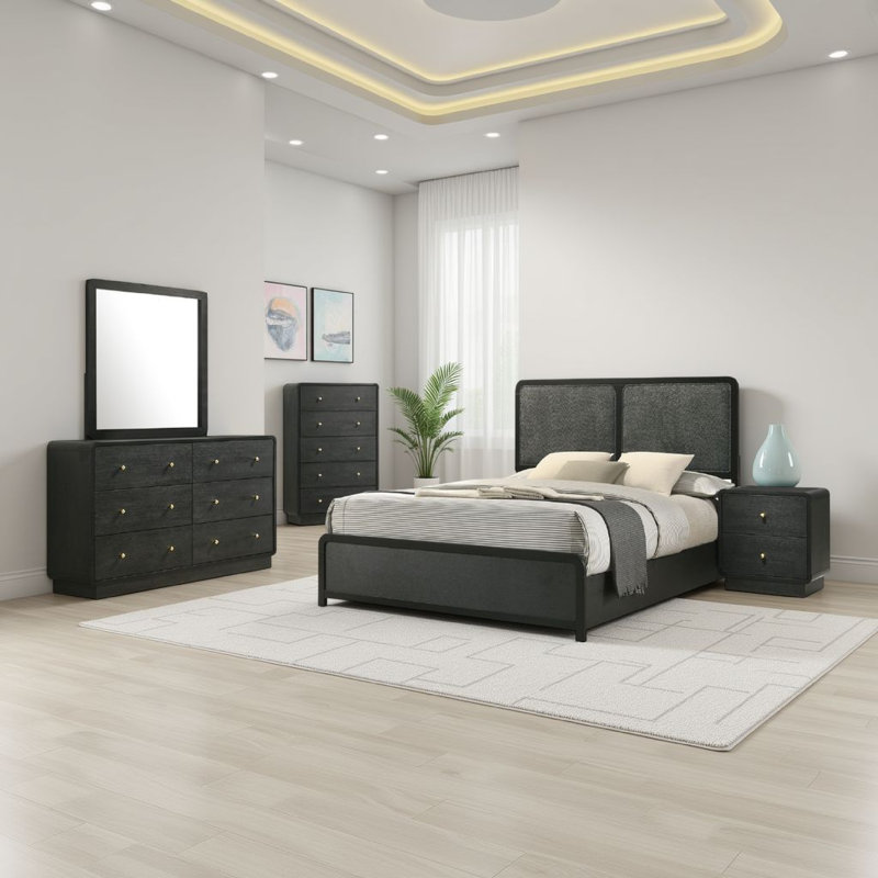 Cavy 5pc Queen Bedroom Set, Charcoal Gray Upholstery, Gold, Queen