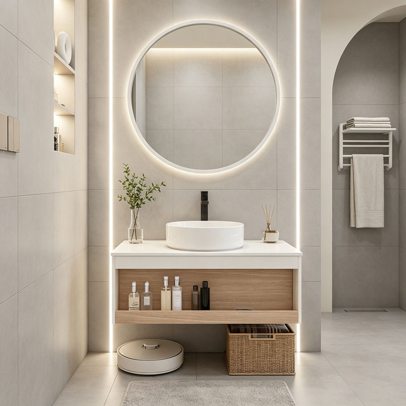 Lavabo vasque rond 36 po, meuble-lavabo mural avec rangement ouvert, finition blanche avec comptoir durable, conception moderne peu encombrante (livré dans 2 boîtes)