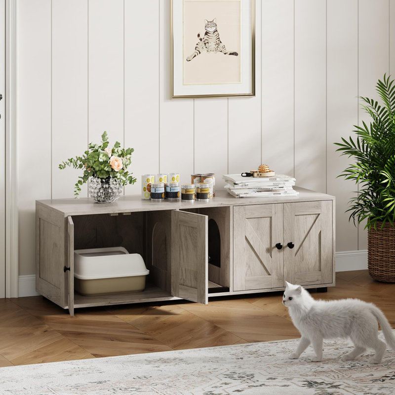 Armoire à litière double pour chat - meuble télé caché pour litière, meuble pour litière moderne caché pour 2 chats, entrée principale, maison pour chat, table de bout latérale, meuble télé avec enceinte pour litière pour chat