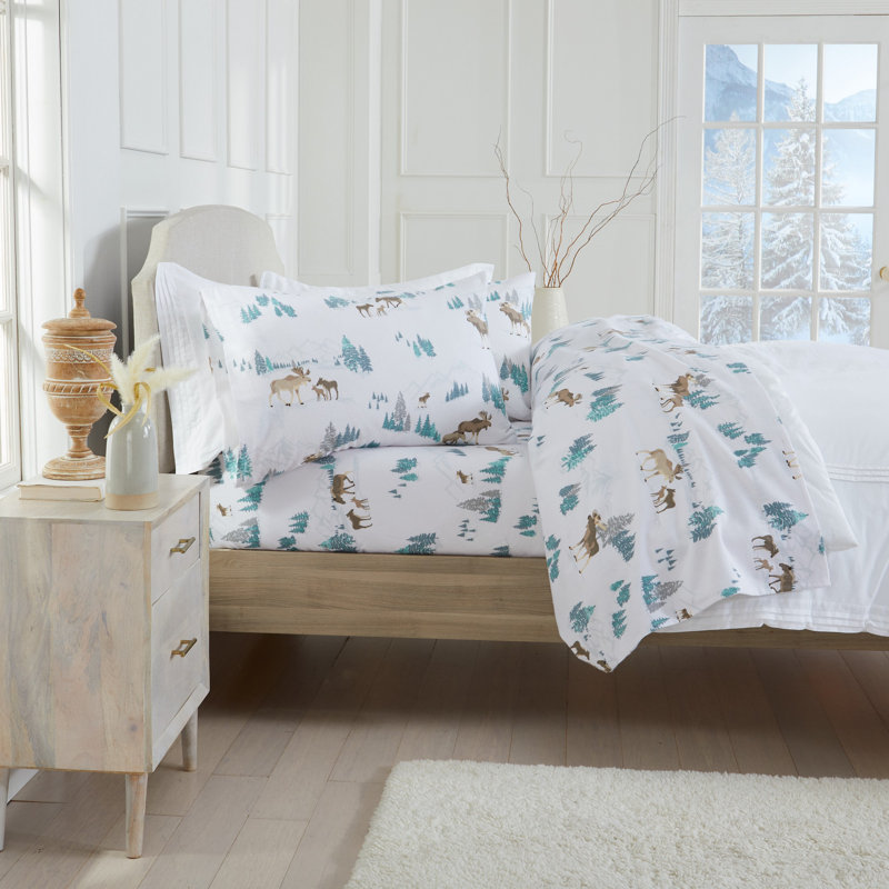 Queen Blue Moose Print Cotton Flannel Sheet Set