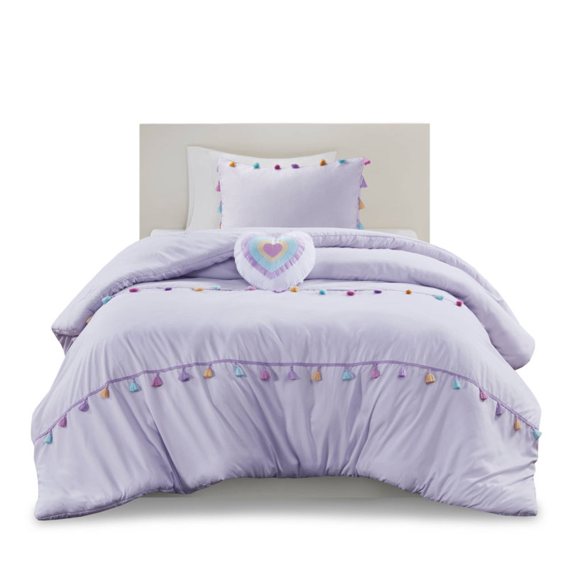 3 PCS Twin Tassel Comforter Set With Heart Shaped Throw Pillow Lavender