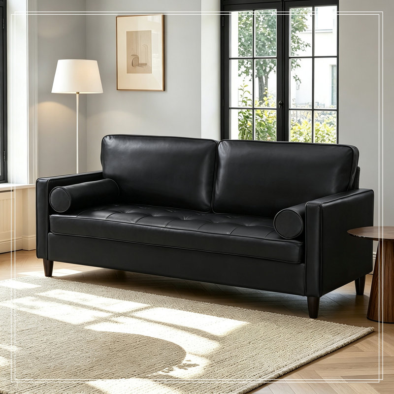 Sofa en similicuir avec coussin d'assise capitonné et pieds en bois, Black