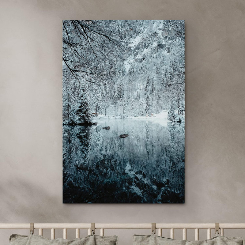 Paysage naturel «Woodland Winter Reflection Lake Forest Dramatic Cool» sur toile, H 24 po x l 16 po