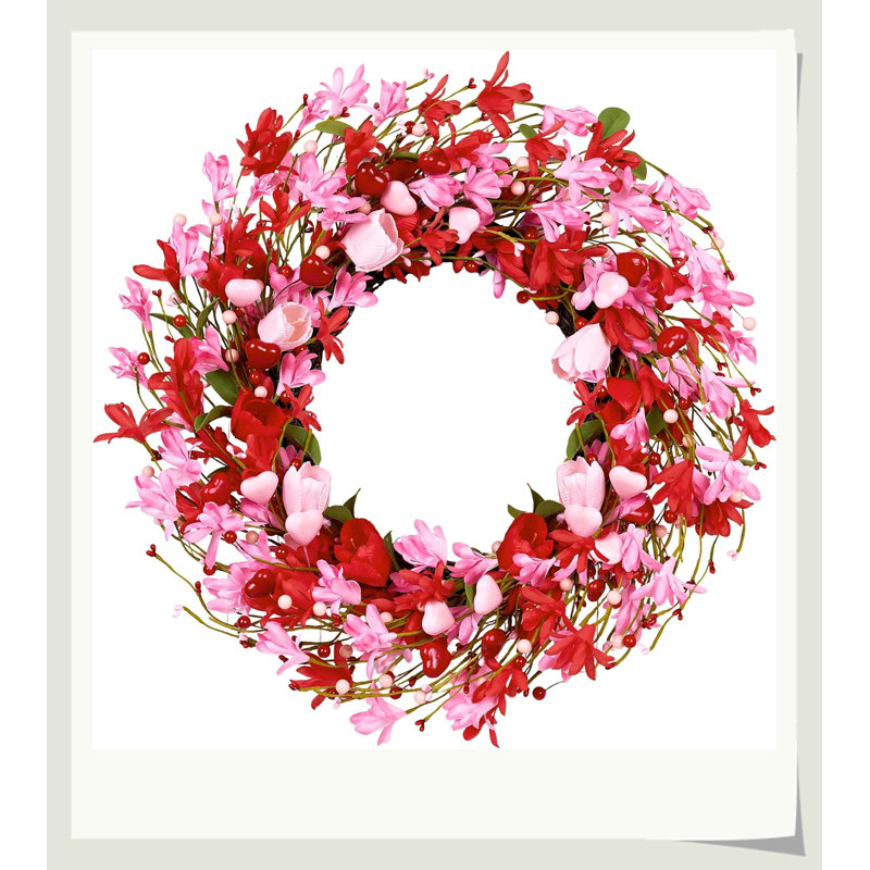 Couronne de Hikma romantique 22 po, cœur rouge tulipe rose base de vigne, décor de foyer mural de porte d'entrée durable, cadeau parfait pour les amoureux