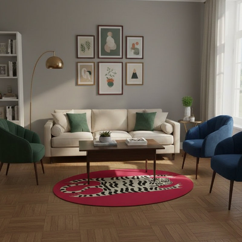 Tapis ovale tigre et framboise blanc lavable à la machine 100% coton 4 pi x 6 pi
