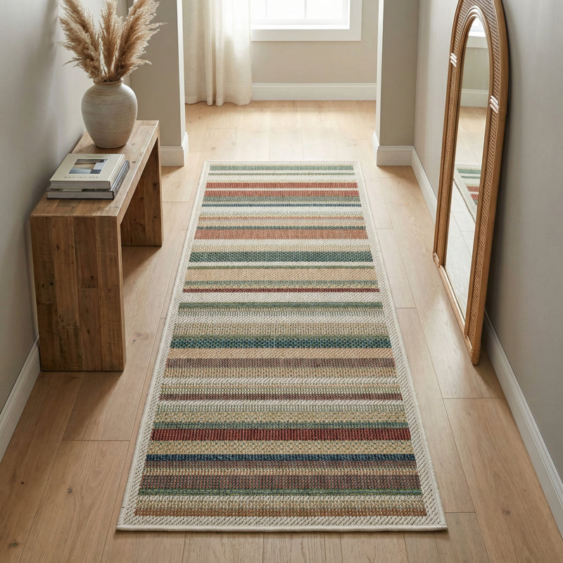 Tapis intérieur / extérieur rayé beige / vert / rouge Dimesford, Tapis de couloir 2 pi x 3 pi 11 po