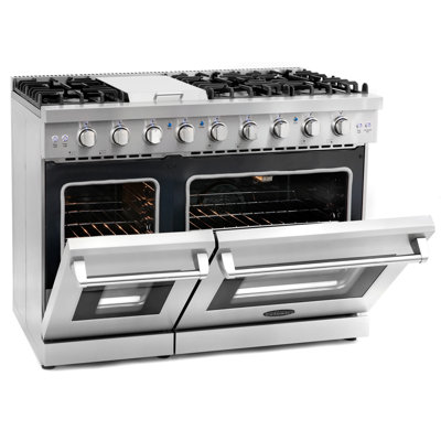 Cosmo 48 po 7 pieds cubes Pi. Cuisinière à gaz double four, 6 brûleurs, plaque chauffante, convection, boutons à DEL, acier inoxydable, ensemble de poignée à poignée en or rose