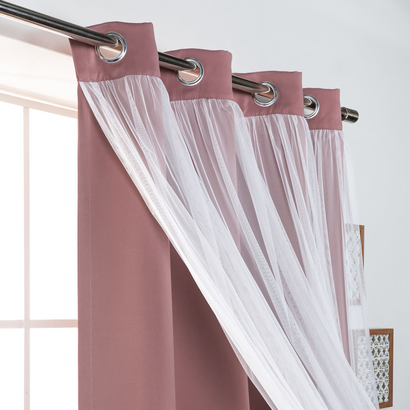 Fortuna Brockham Solid Tulle Overlay Room Darkening Grommet Curtain Panels, Mauve, 52" W x 96" L