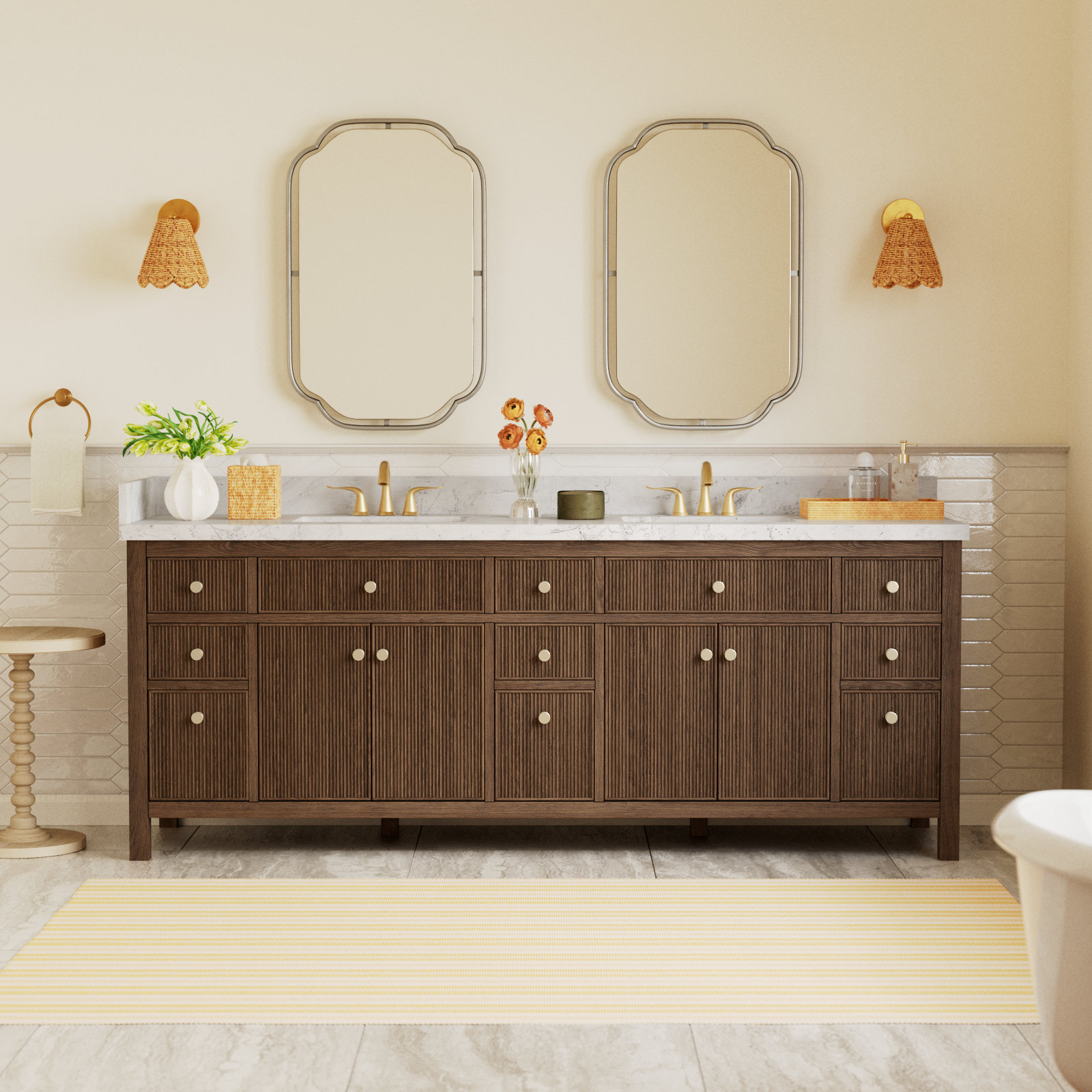 Lala 84" Double Bathroom Vanity with Grain White Engineered Stone Countertop without Mirror, Brown Brushed Oak
