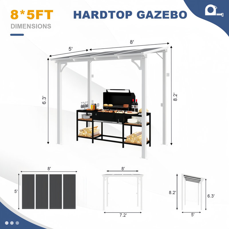 Yardgrace Sloped Roof Wall Mounted Aluminum Pergola With Solar Light, 98" H x 96" W x 60" D