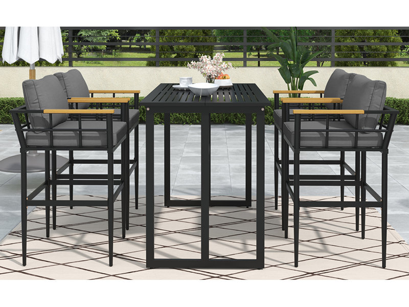 Ensemble de salle à manger 6 pièces avec accoudoirs en bois d'acacia et confort ergonomique Demasi, Gris