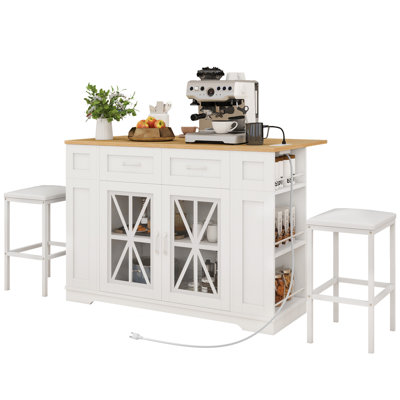 Large Portable Kitchen Island Table With Storage Drop Leaf & 2 Bar Stools Seating For Kitchen On Wheels With Power Outlet & Footrest -  Gracie Oaks, E2A70980BDFE4C7A8DB67C1CE7A9EFE5