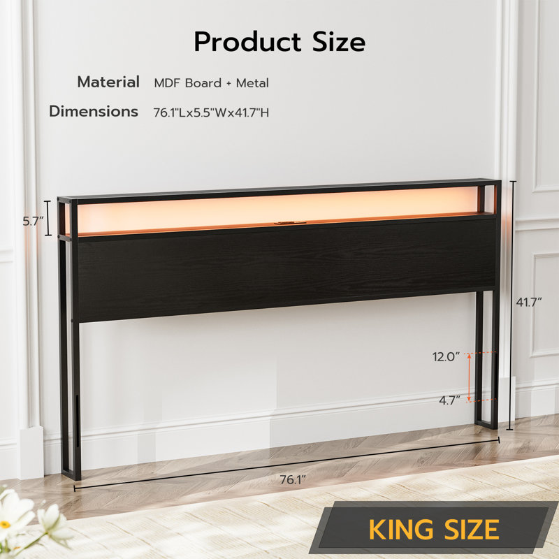 Anasofia Storage Headboard with Led Lights and Charging Station, Black, King