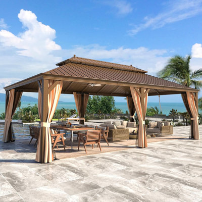 14'x 24' Hardtop Gazebo With Galvanized Steel Roof & Aluminum Frame, Brown Permanent Pavilion With Enclosed Curtains For Patio And Garden