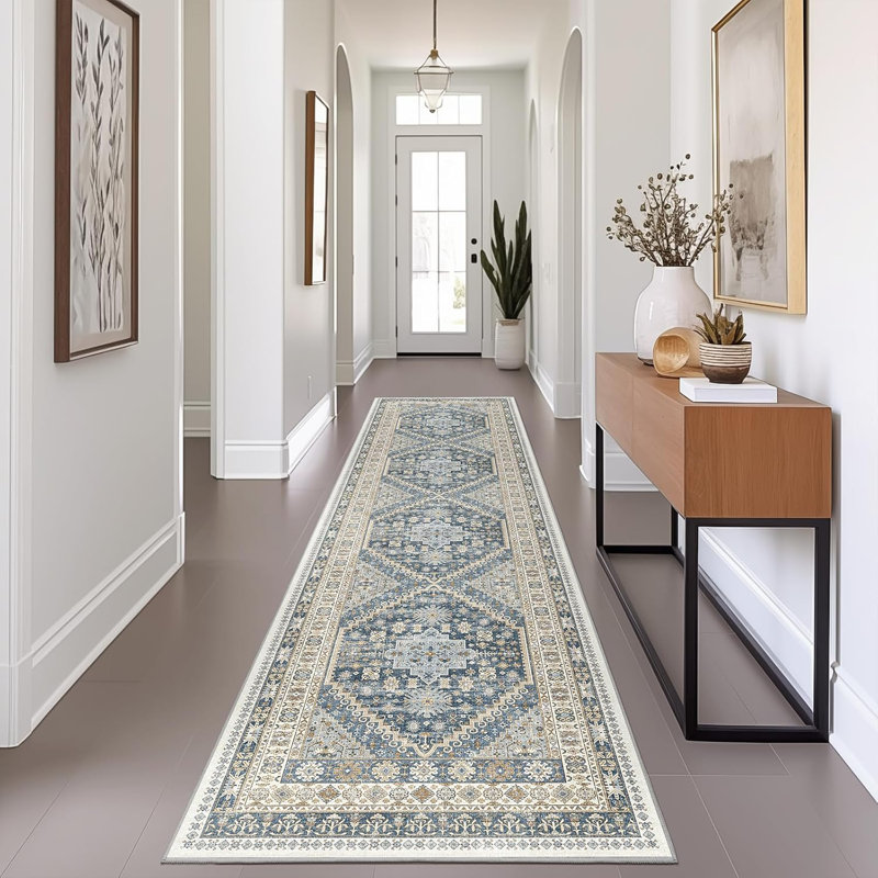 Medallion Non Slip Washable Area Rug(Blue), Runner 2' x 8'