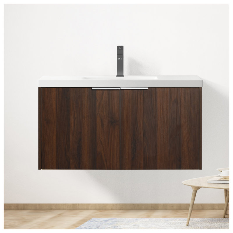 Meuble-lavabo flottant 36 po en noyer californien avec portes à fermeture en douceur et lavabo intégré