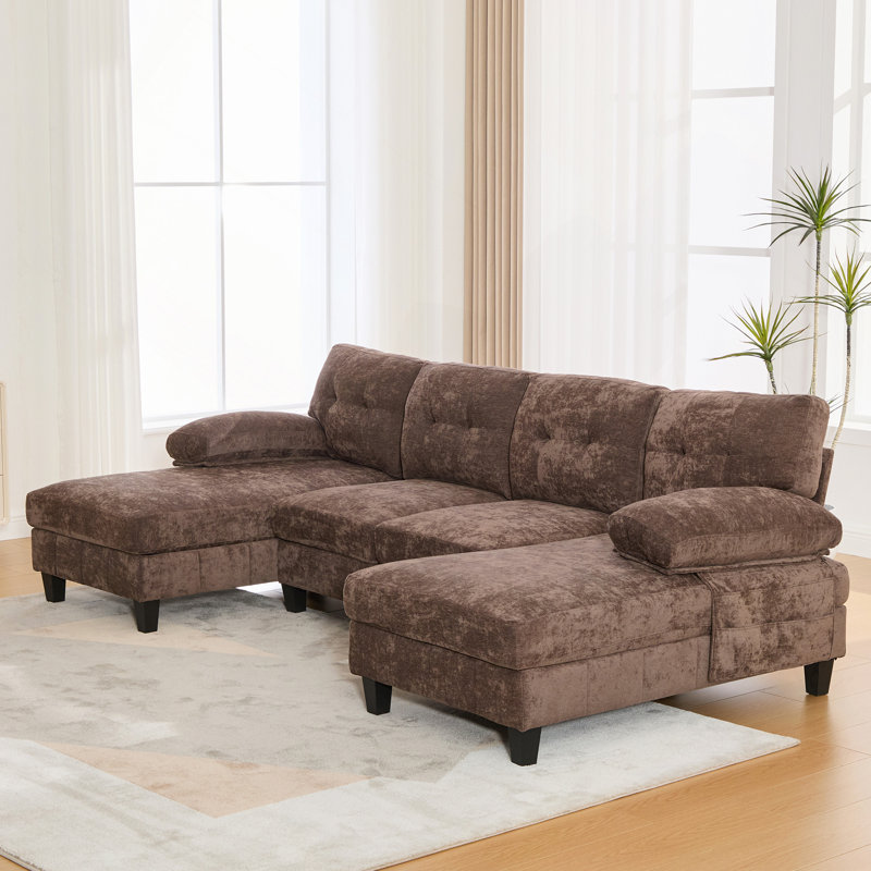U-Shaped Sectional Sofa 103.5" Chenille Fabric Couch With Dual Chaise Lounges, Storage Pockets And Armrest Pillows For Living Room, Brown