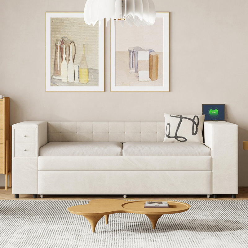 Lit rembourré avec rangement et lit gigogne simple, Beige
