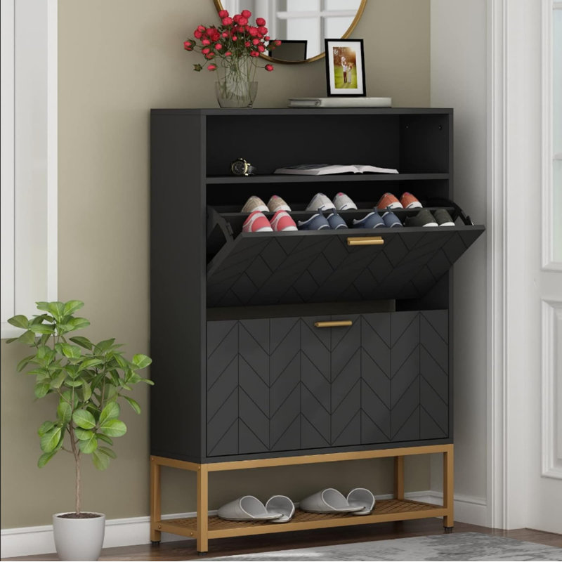 Free Standing Tipping Bucket Shoe Cabinet with 2 Flip Drawers for Organizing Shoes, Dark Gray