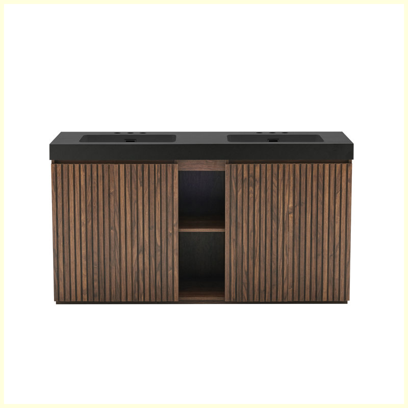 Meuble-lavabo autoportant en noyer de 60 po avec lavabo double 60 po, armoire de salle de bain moderne avec 3 trous de robinet et double cuve noire