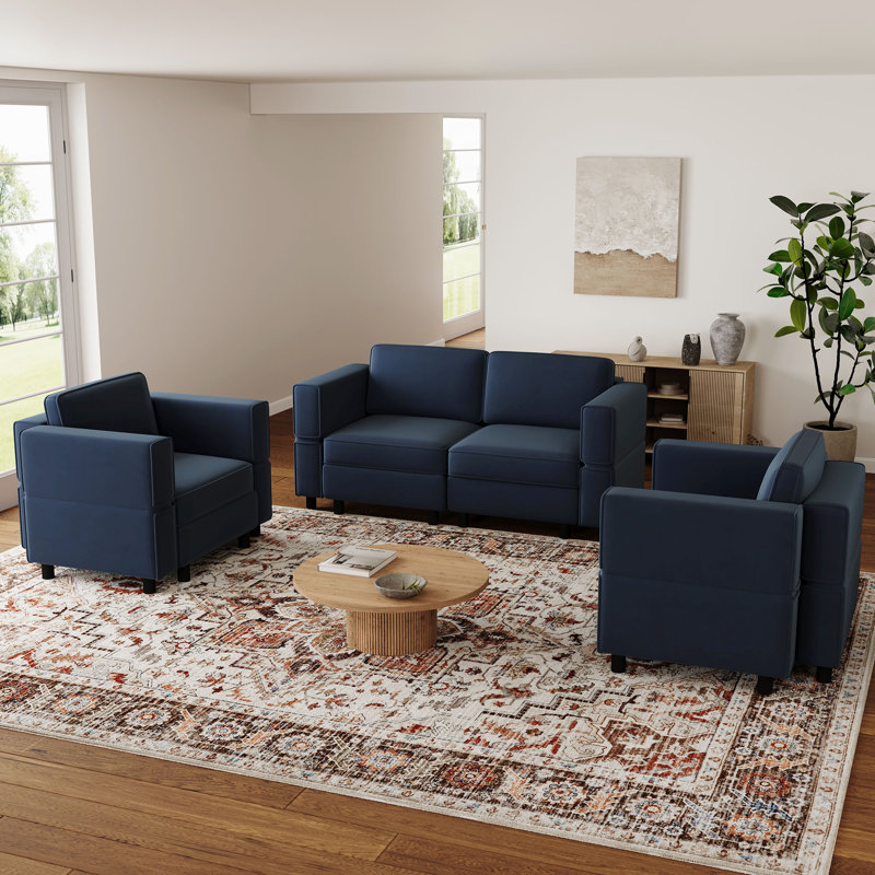 Ensemble de salon modulaire rembourré Elda, Velours bleu