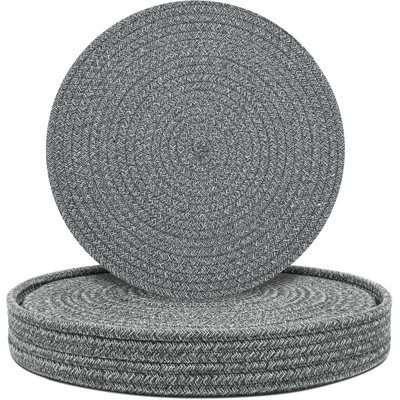 Round Braided Cotton Rope Placemats Set Of 6 With Storage Basket Holder, Heat Resistant Non-Slip Washable Table Mats For Kitchen Dining Decor, Boho Farmhouse Style