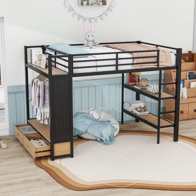 Lit mezzanine en métal avec tablettes intégrées et panneau perforé personnalisable, Double