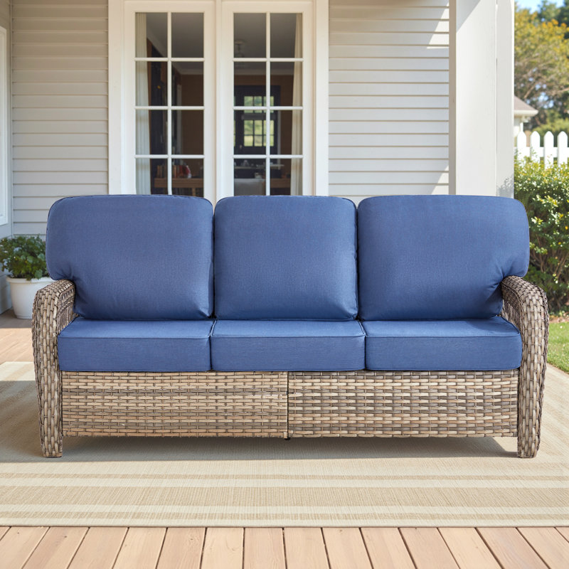 Patio Outdoor 3-Seat Sofa, Outdoor Conversation Furniture, All-Weather Rattan Couch With Cushion, Blue, Brown