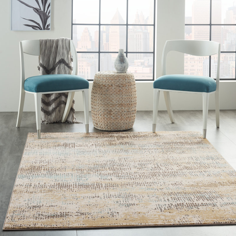 Abstract Area Rug in Beige/Blue, Rectangle 4' x 6'