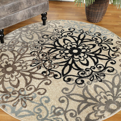 Tapis carré brun clair à motif floral médaillon brun clair et noir