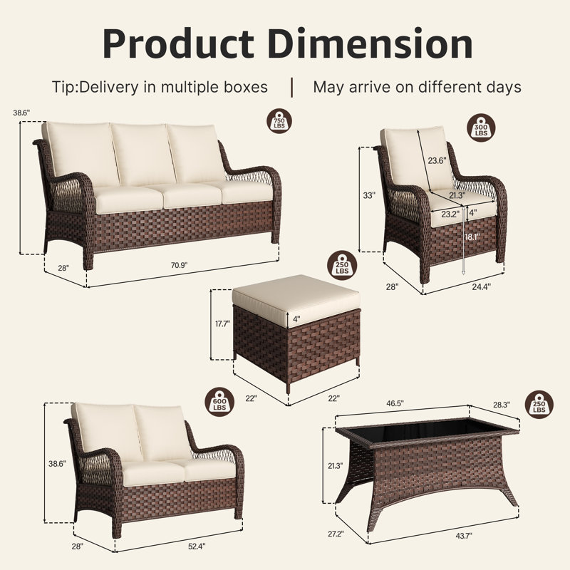 Ensemble de conversation pour patio 7 personnes avec coussins, 7 pièces: canapé, causeuse, 2 chaises, 2 repose-, Beige