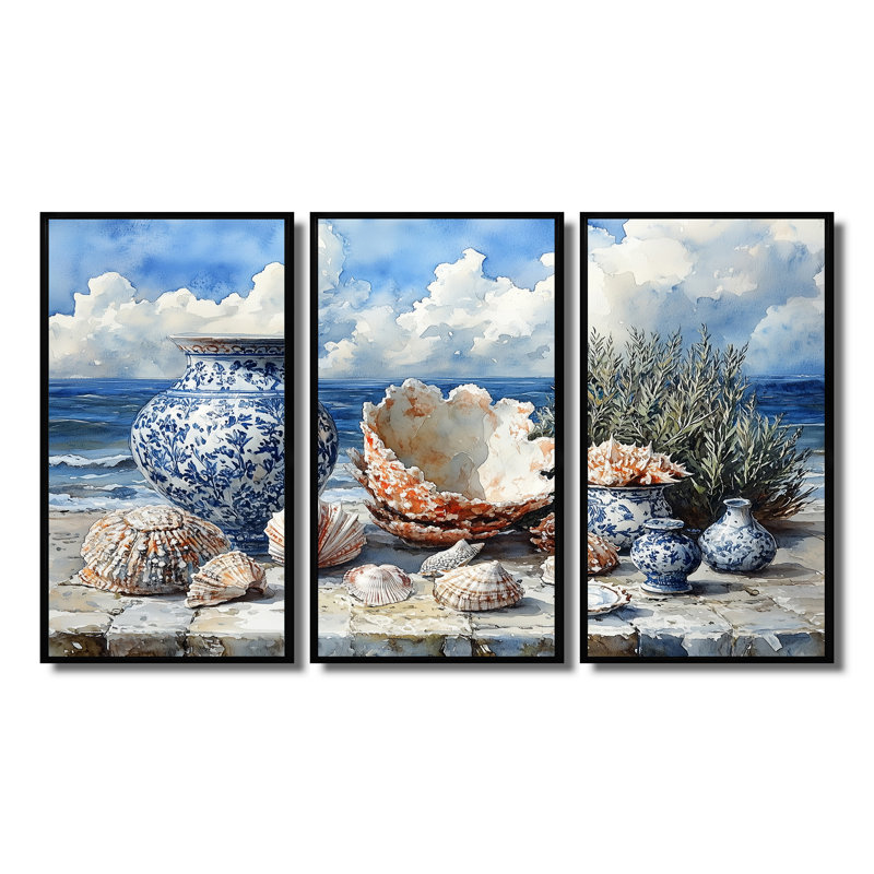 Beach Pottery in Blue and White Tons VII - Ensemble de décoration murale Beach Pottery, H 28 po x l 36 po x P 1 po