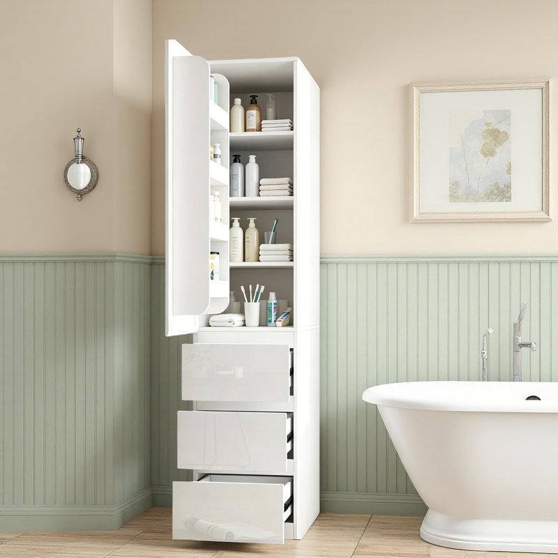 Bathroom Storage Cabinet With 3 Shelves,4 Door Shelves,3 Smooth-Gliding Drawers