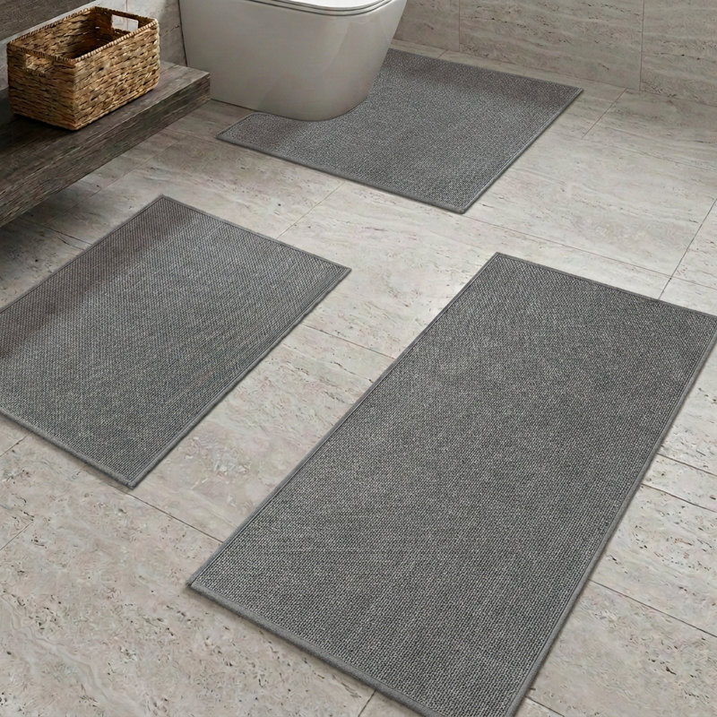 3 Piece Textured Linen-Look Bath Rug Set with Non-Slip Backing, Gray