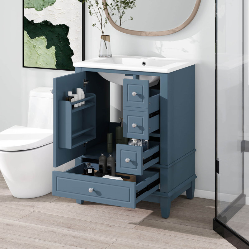Armoire de meuble-lavabo 24 po avec lavabo en céramique, tablette de rangement multifonctionnelle, trois tiroirs, porte à fermeture douce