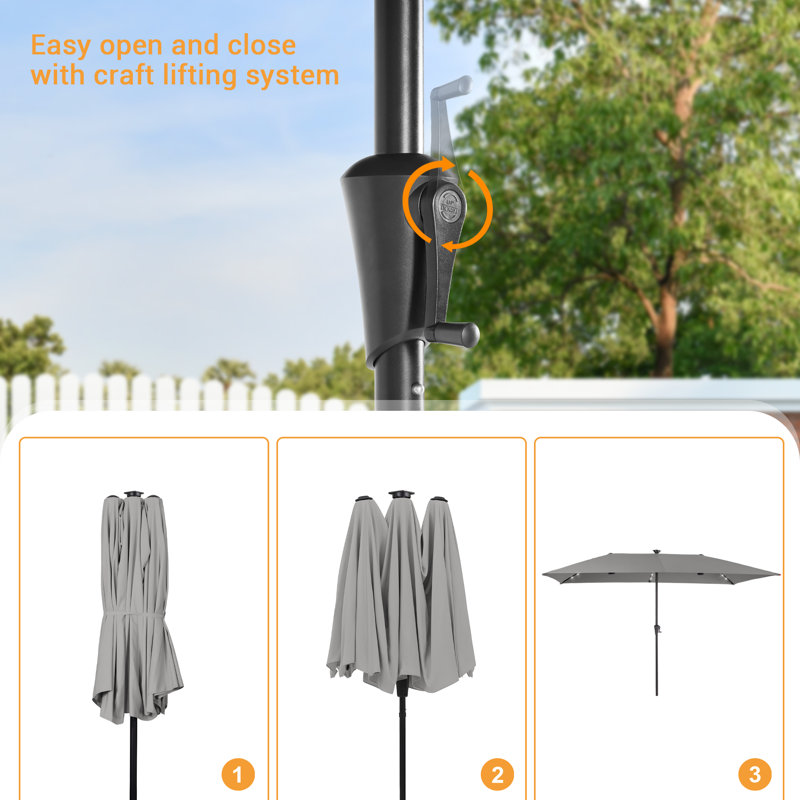 Grand parasol de marché extérieur DEL rectangulaire à double face DEL, H 7 pi 8 po x l 10 pi 8 po x P 6 pi 9 po, Gris