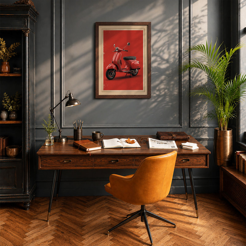 Red Vespa Scooter Retro - Framed Print, Walnut, A3 - 42.0 x 29.7 cm