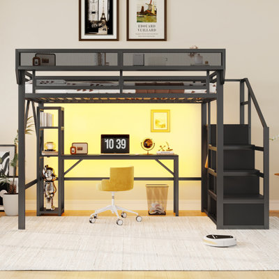 Lit mezzanine double avec bureau, escalier, garde-robe, tablettes de rangement, station de charge et lumières DEL, lit à structure en métal pour enfants et adolescents, noir