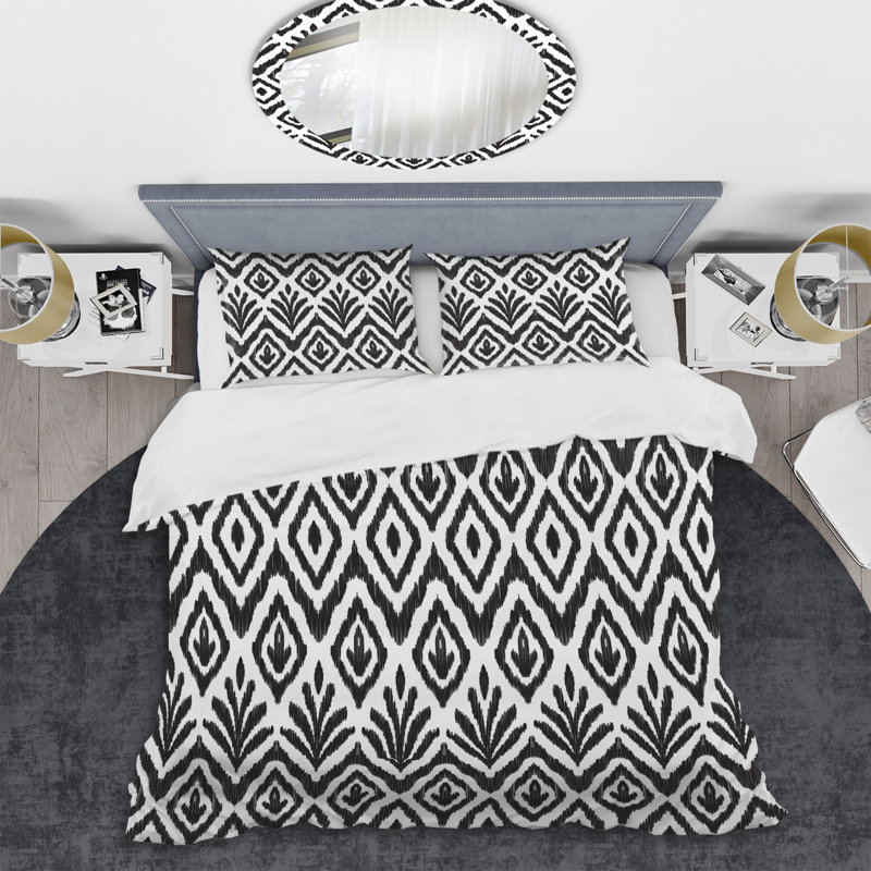Ikat Ogee blanc et gris - ensemble de housse de couette abstrait - microfibre de polyester