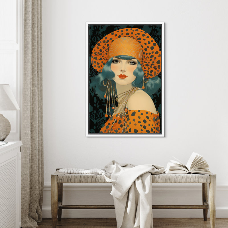 "Elegance Fashion Orange Polka Dot Hat Lady Portrait Girl's Art", reproduction d'art sur toile encadrée, Cadre blanc