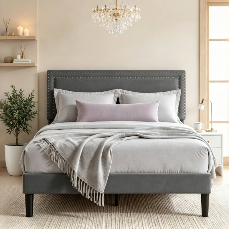 Queen Size Dark Grey Velvet Upholstered Platform Bed with Adjustable Headboard, Modern Bed Frame with Wood Slats, No Box Spring Needed