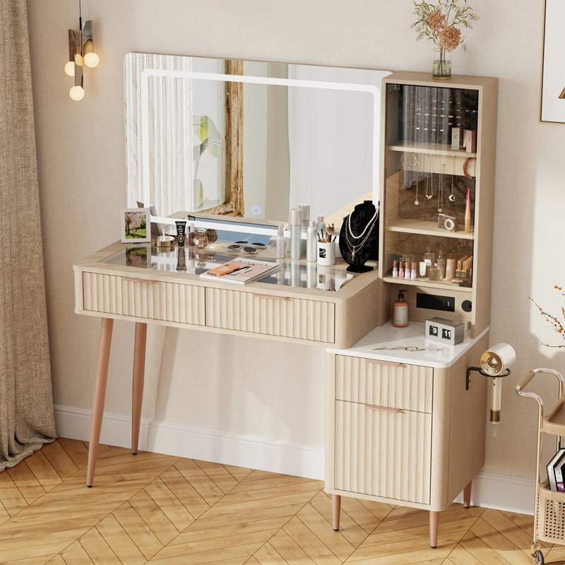 Makeup Vanity with 3 Colors LED Lighted Mirror & Power Outlet for Bedroom